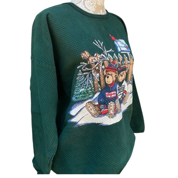 Vintage Winter Teddy Sweatshirt M/L Green Pullover Bears X-mas Tompkins Avenue - Picture 4 of 14